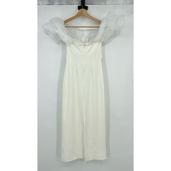 Line & Dot | Starlet Midi Sheath Dress Organza Off Shoulder Sleeves in Ivory S - Picture 5 of 16